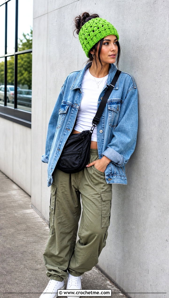 Basketweave Bun Crochet Beanie With Denim Jacket And Cargo Pants - 25 Bun Crochet Beanie outfit ideas