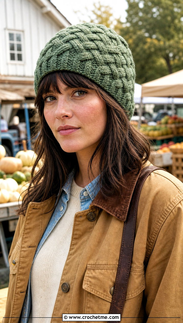 Basketweave Cable Crochet Beanie With Barn Jacket - 25 crochet cable beanie outfit ideas