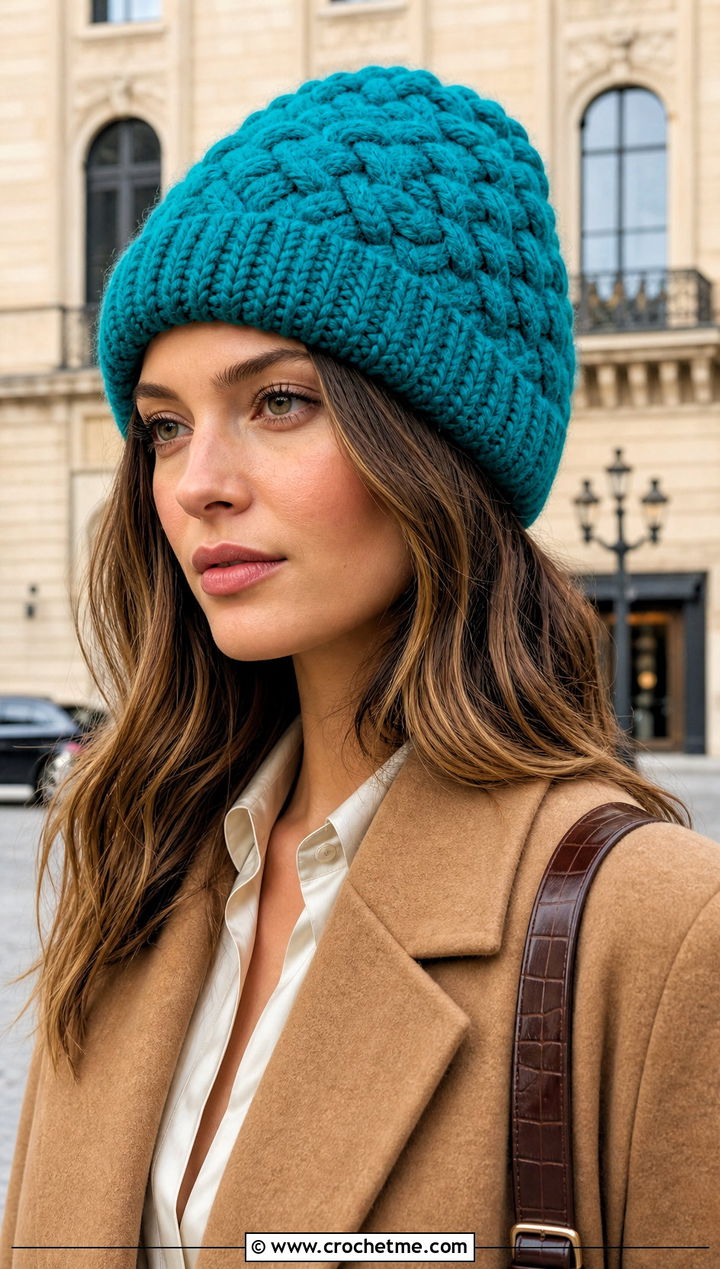 Basketweave Chunky Beanie With Camel Coat - 35 crochet chunky beanie outfit ideas