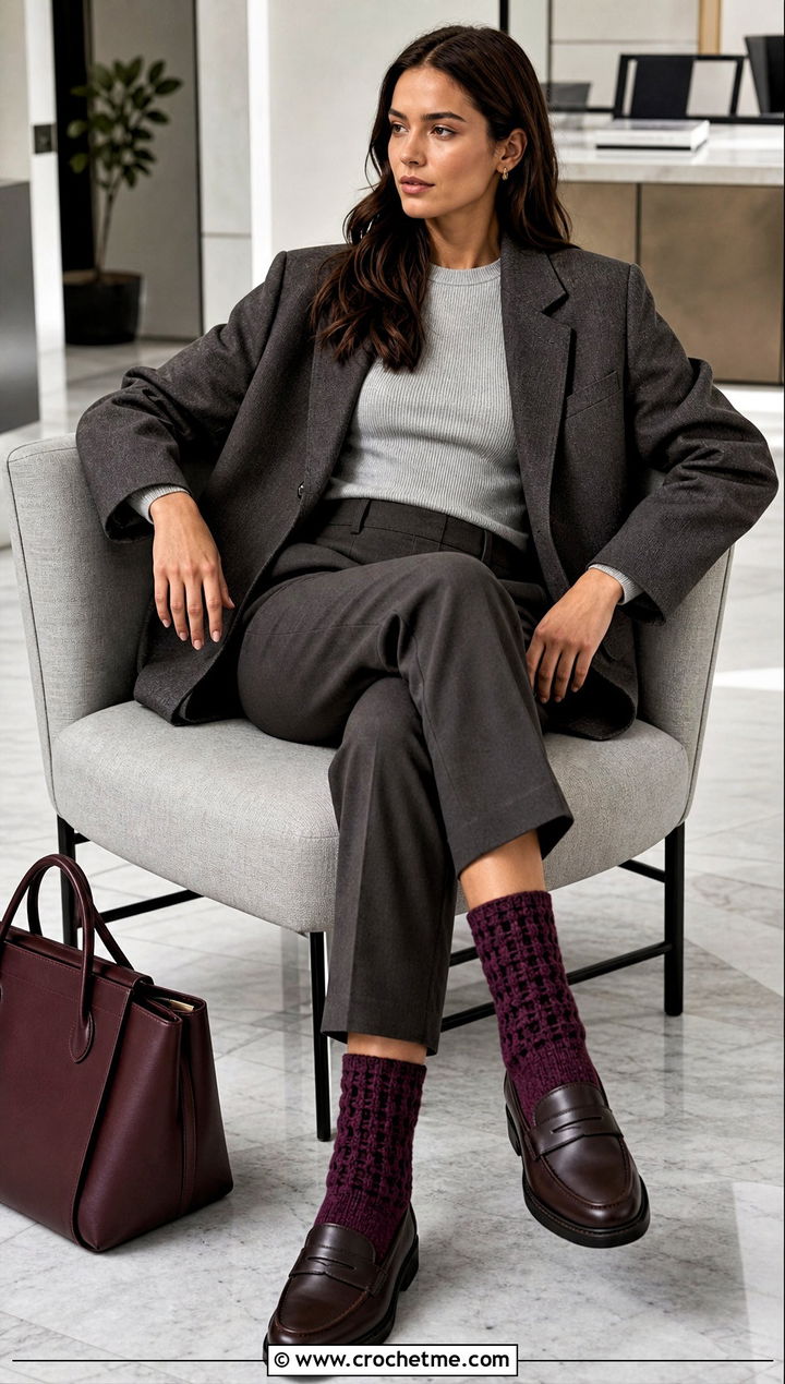 Basketweave Chunky Crochet Socks With Tailored Trousers - 25 Chunky Crochet Socks outfit ideas