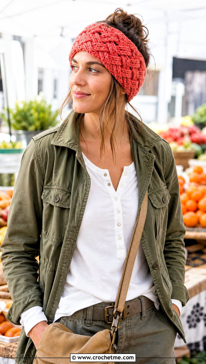 Basketweave Chunky Ear Warmer With Utility Jacket - 25 Crochet Chunky Ear Warmer outfit ideas