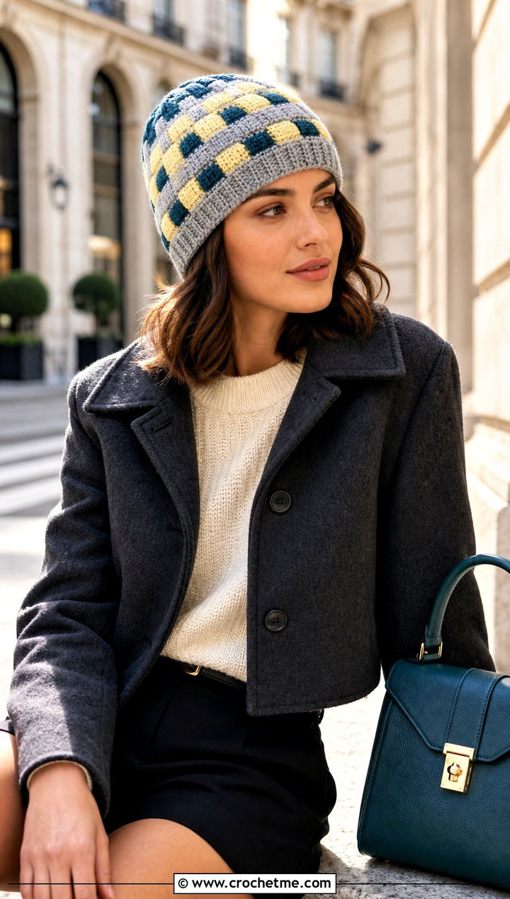 Basketweave Color Block Crochet Beanie With Cropped Coat - 20 Color Block Crochet Beanie outfit ideas