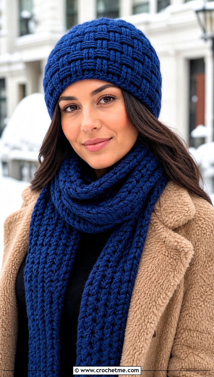 Basketweave Crochet Beanie And Scarf Set With Teddy Coat - 30 crochet beanie and scarf set outfit ideas