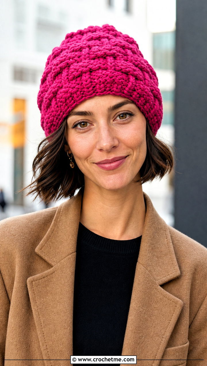 Basketweave Crochet Beanie With Blazer And Jeans - 30 crochet beanies for women outfit ideas