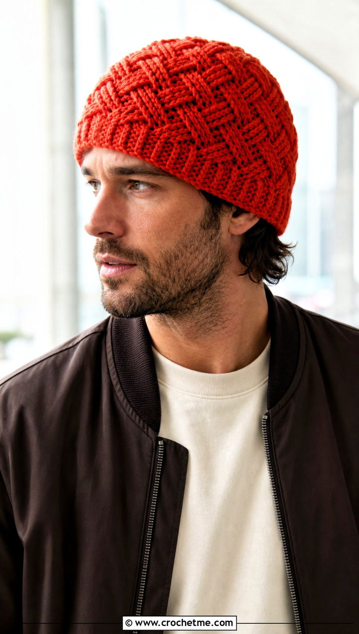Basketweave Crochet Beanie With Bomber Jacket - 25 Crochet Mens Winter Hat outfit ideas