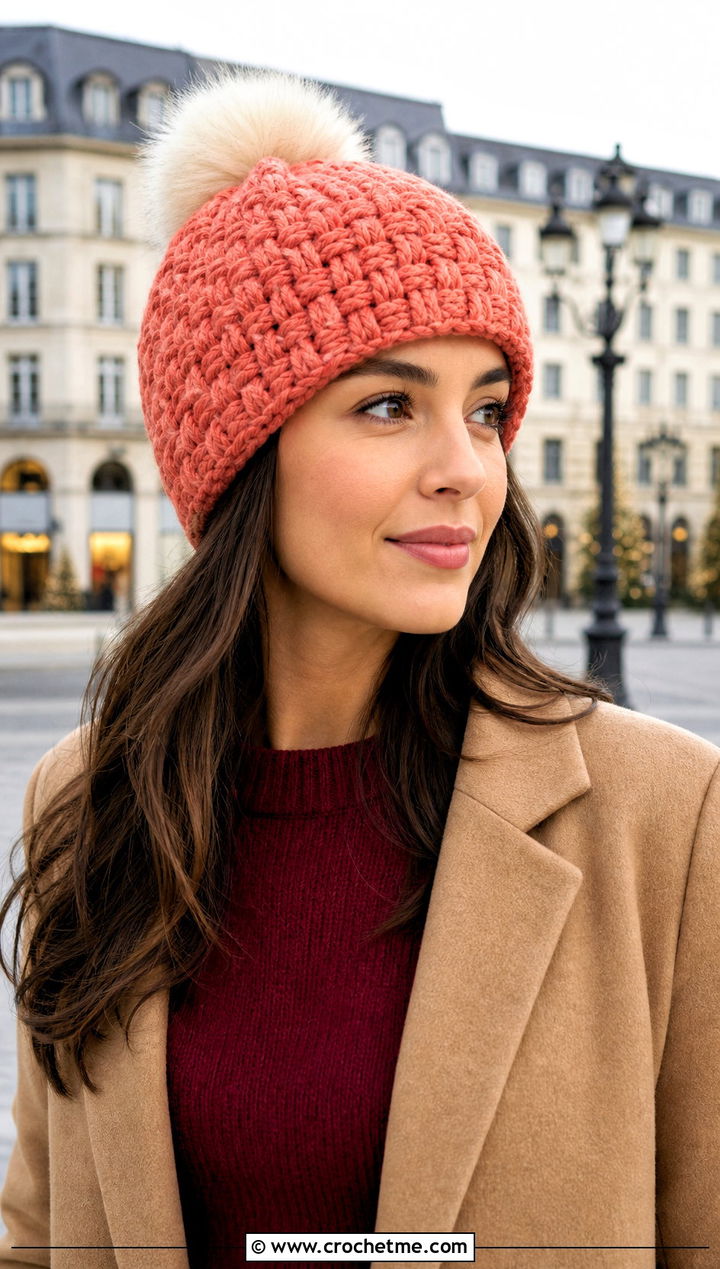 Basketweave Crochet Beanie With Camel Coat And Midi Skirt - 15 Crochet Hat With Fur Pom Pom outfit ideas