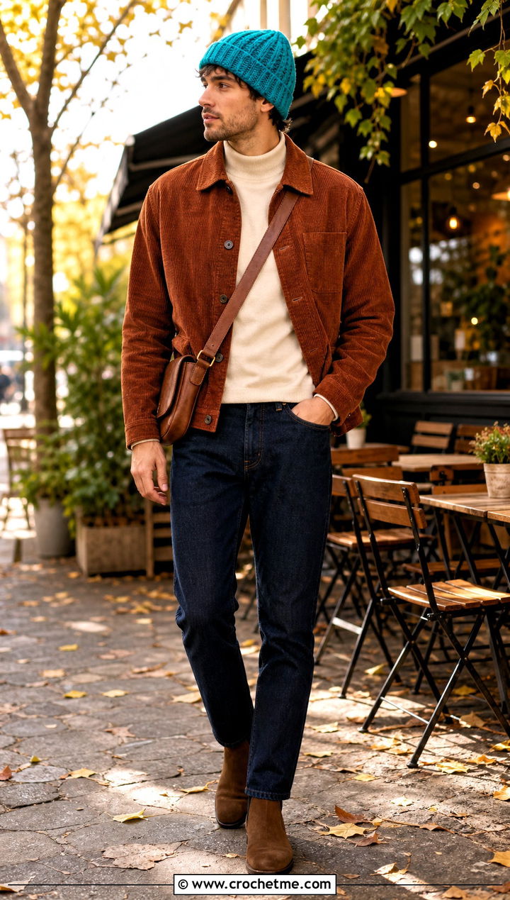 Basketweave Crochet Beanie With Corduroy Jacket - 35 Men Crochet Beanie outfit ideas