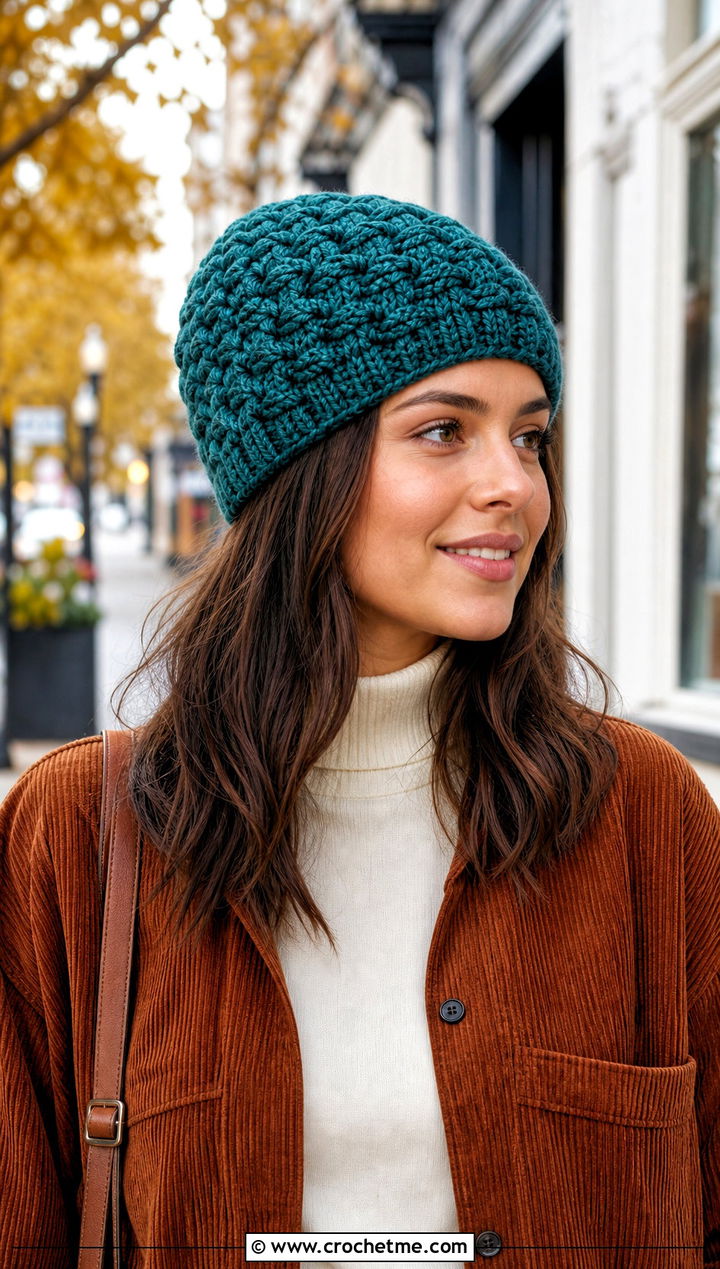 Basketweave Crochet Beanie With Corduroy Jacket - 35 basic crochet beanie outfit ideas