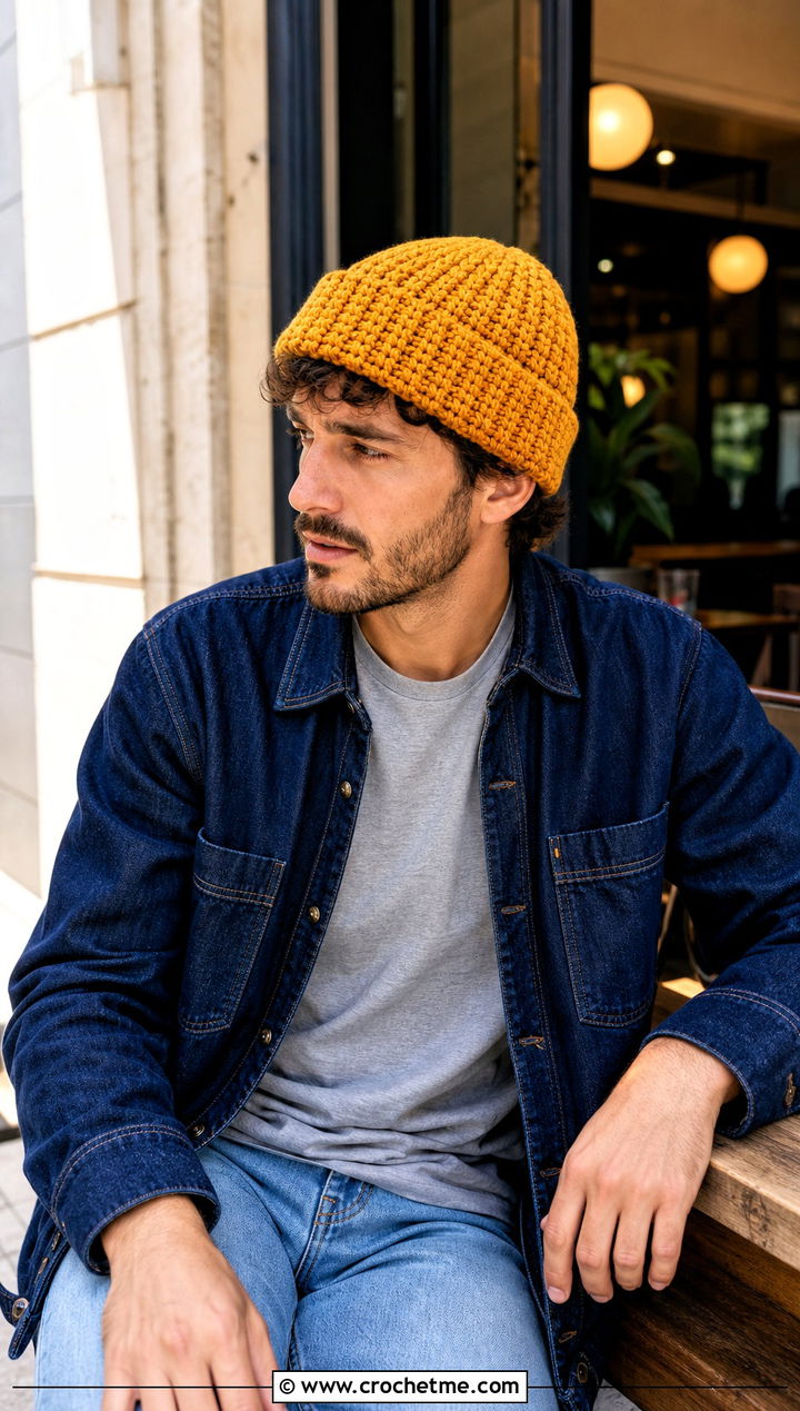 Basketweave Crochet Beanie With Denim Overshirt - 25 Easy Mens Crochet Beanie outfit ideas