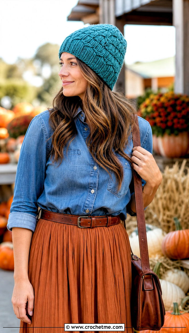 Basketweave Crochet Beanie With Denim Shirt And Maxi Skirt - 20 classic crochet beanie outfit ideas