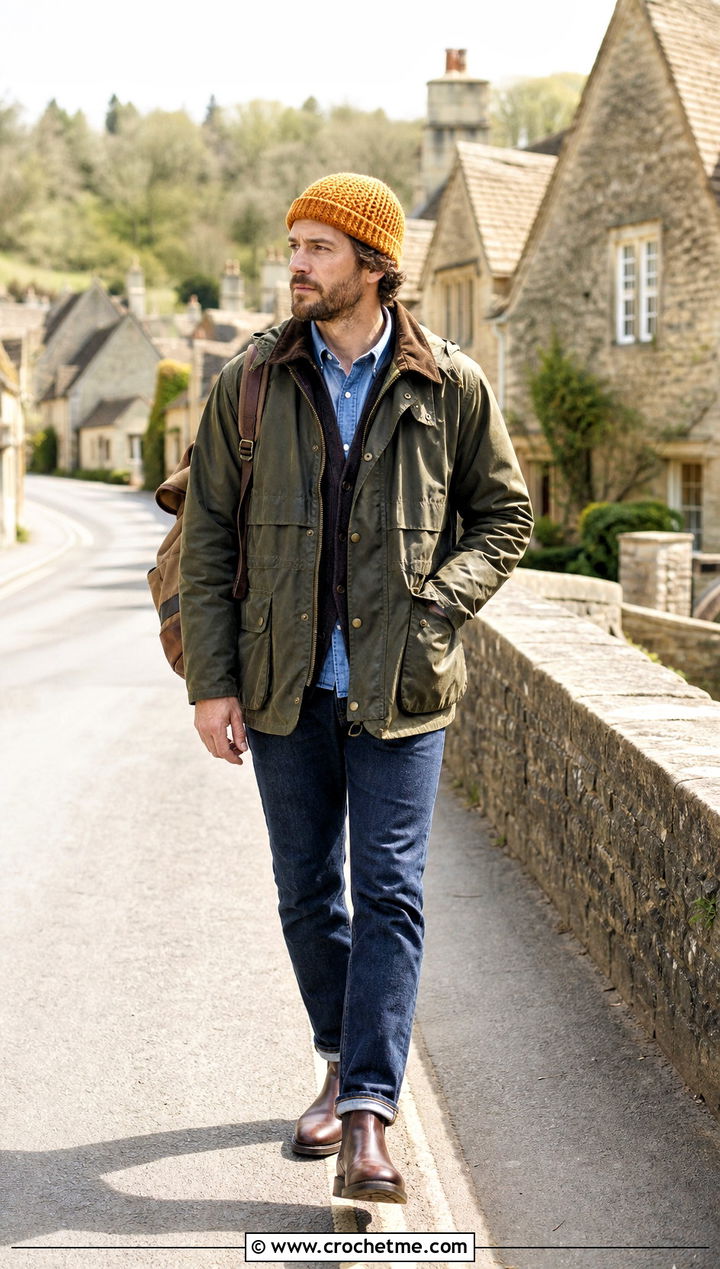 Basketweave Crochet Beanie With Field Jacket - 35 mens crochet beanie outfit ideas