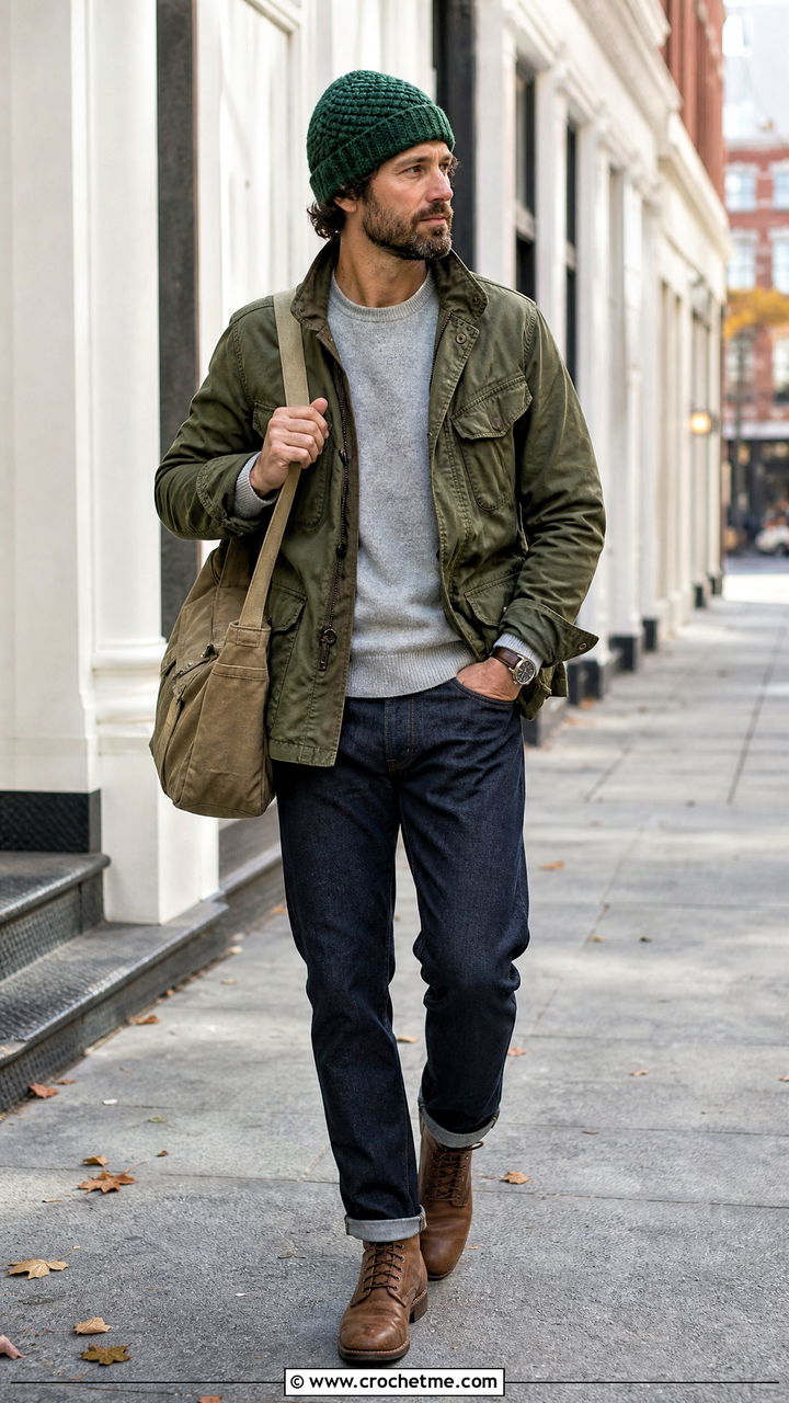 Basketweave Crochet Beanie With Field Jacket - 35 men's crochet beanie outfit ideas