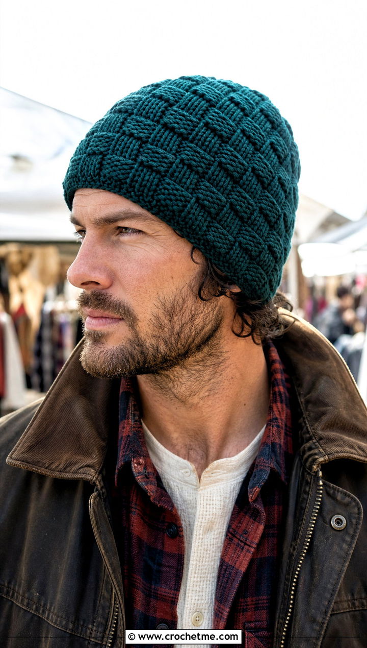Basketweave Crochet Beanie With Flannel Shirt - 30 crochet man beanie outfit ideas
