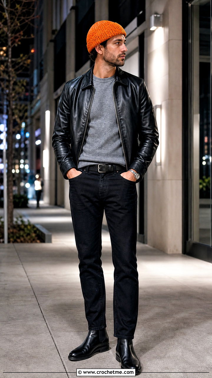 Basketweave Crochet Beanie With Leather Jacket And Black Jeans - 35 crochet hat for men outfit ideas