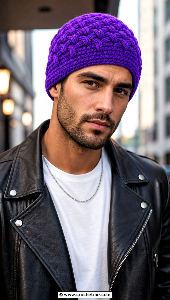 Basketweave Crochet Beanie With Leather Jacket - 30 mens crochet hats men's beanie outfit ideas