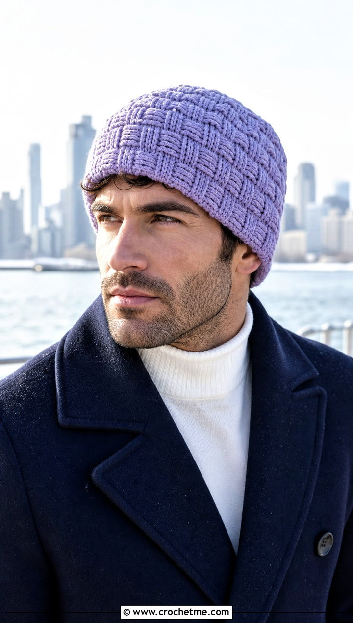 Basketweave Crochet Beanie With Peacoat - 25 easy crochet beanie for men outfit ideas