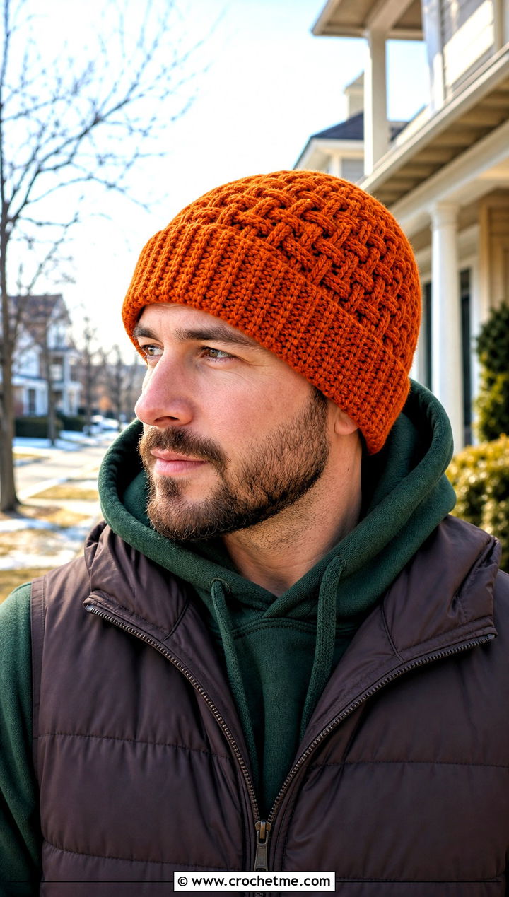 Basketweave Crochet Beanie With Puffer Vest - 25 mens winter crochet hats outfit ideas