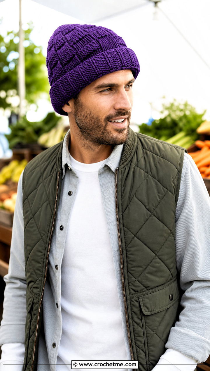 Basketweave Crochet Beanie With Quilted Vest - 25 easy men's crochet beanie outfit ideas