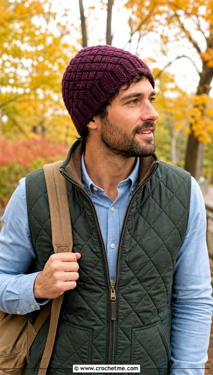Basketweave Crochet Beanie With Quilted Vest - 25 crochet for men's beanies outfit ideas