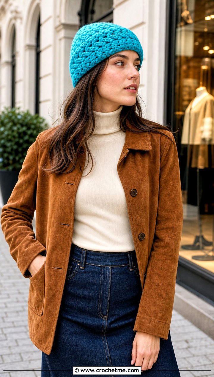 Basketweave Crochet Beanie With Suede Jacket And Denim Skirt - 30 crochet fall beanie outfit ideas