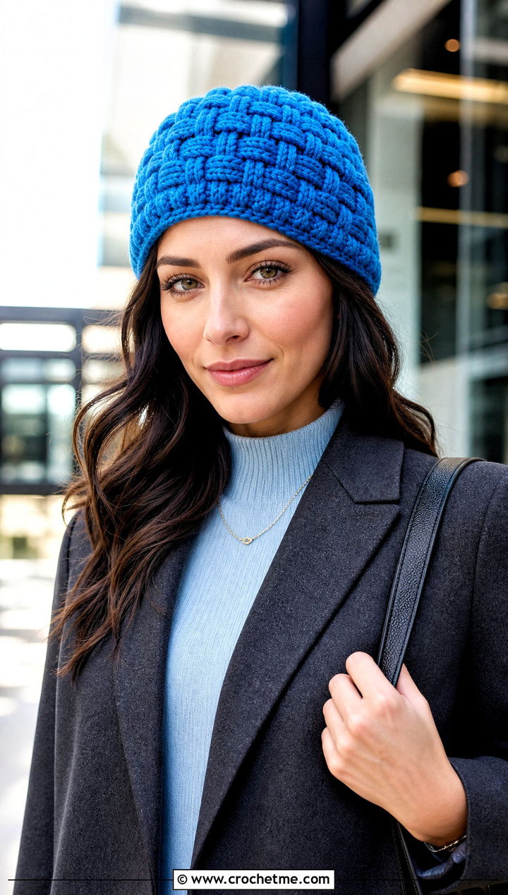 Basketweave Crochet Beanie With Tailored Suit - 30 winter crochet beanie outfit ideas