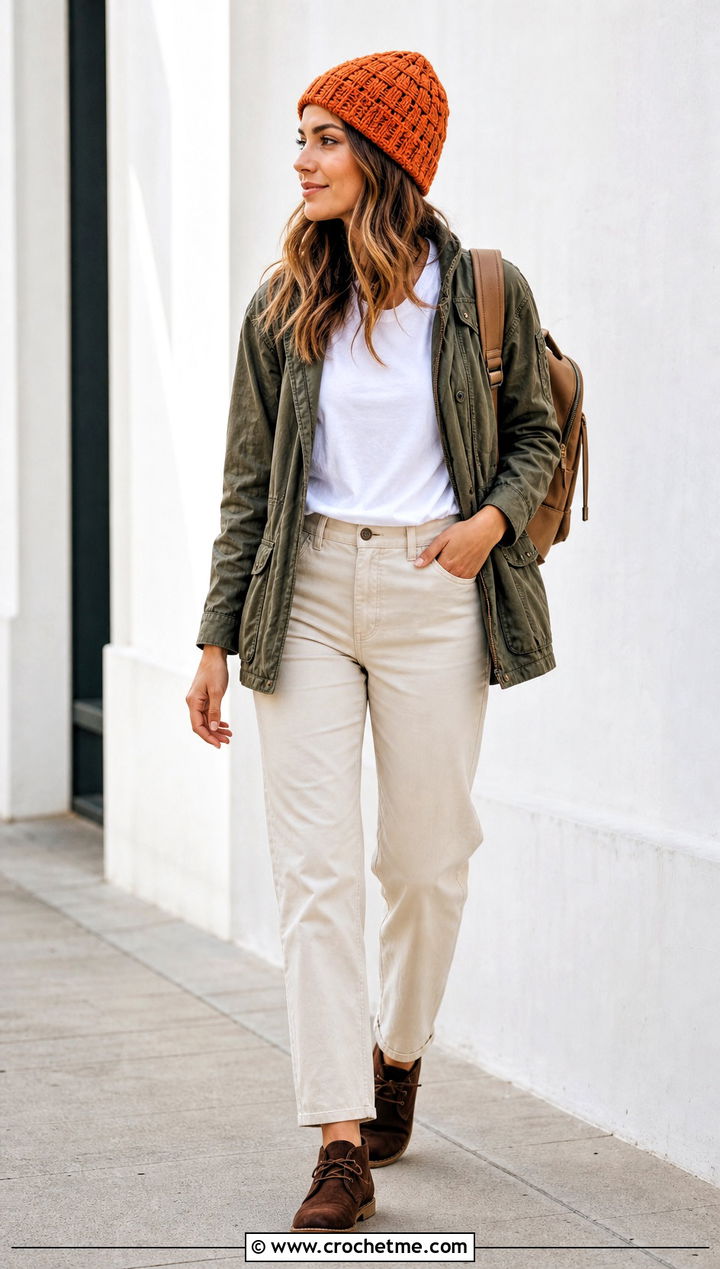 Basketweave Crochet Beanie With Utility Jacket And Chinos - 35 simple crochet beanie outfit ideas