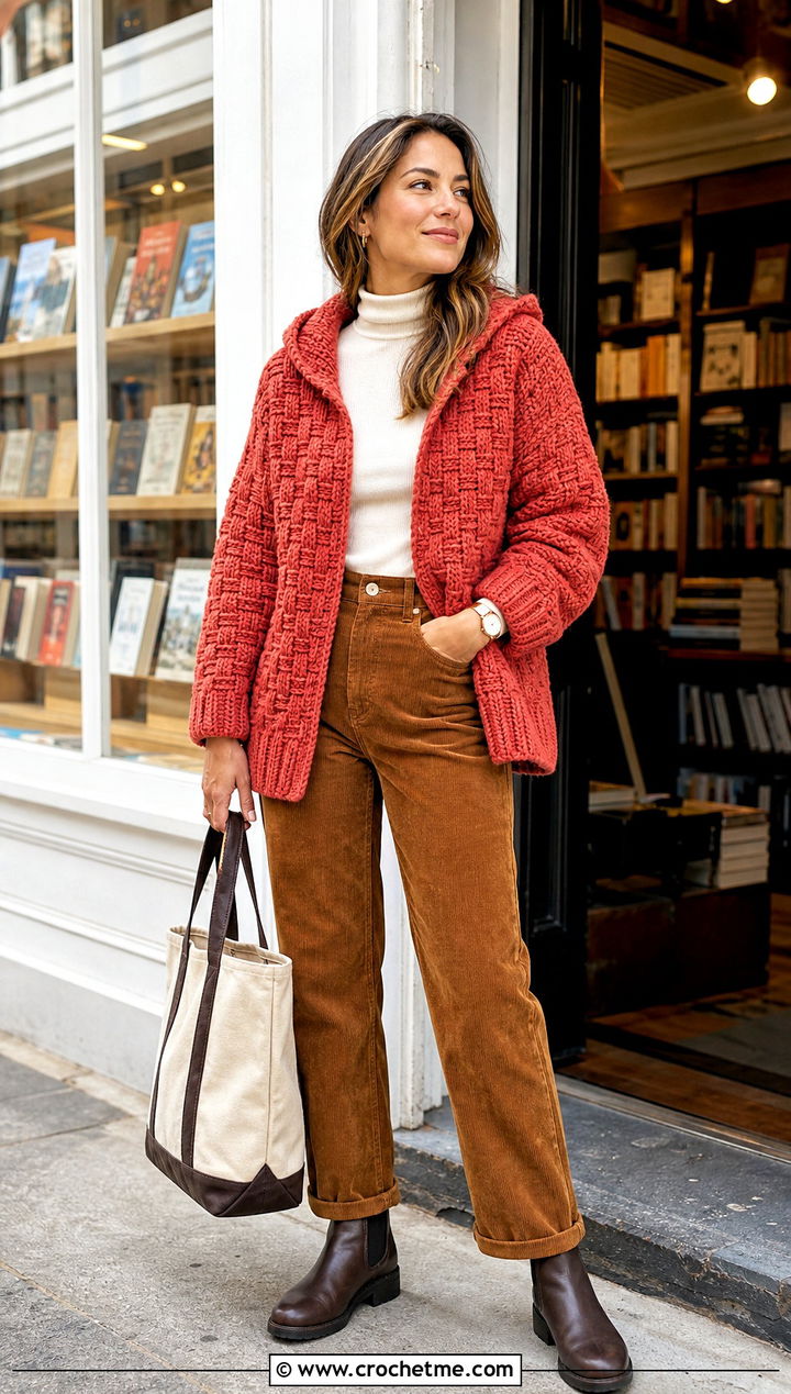 Basketweave Crochet Blanket Hoodie With Corduroy Pants - 30 crochet blanket hoodie outfit ideas