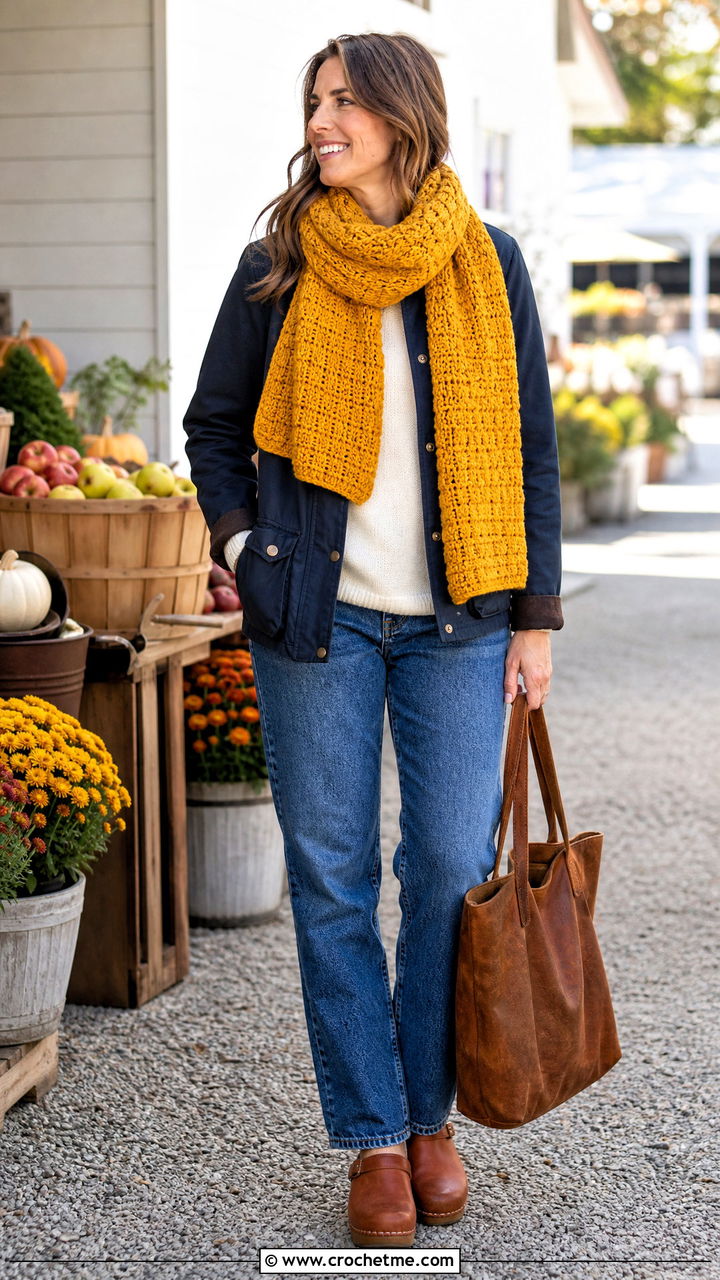 Basketweave Crochet Blanket Scarf With Barn Jacket - 35 crochet blanket scarf outfit ideas