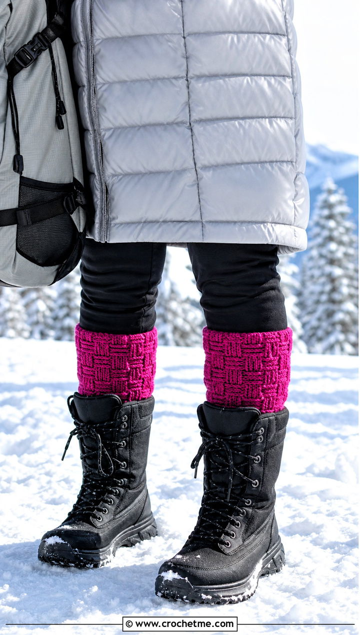Basketweave Crochet Boot Cuffs With Puffer Coat and Snow Boots - 30 crochet boot cuff outfit ideas