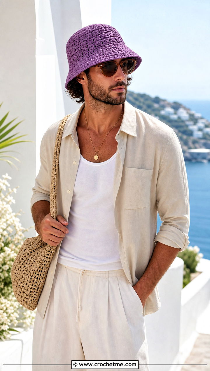 Basketweave Crochet Bucket Hat With Resort Shirt And Trousers - 15 Crochet Mens Bucket Hat outfit ideas