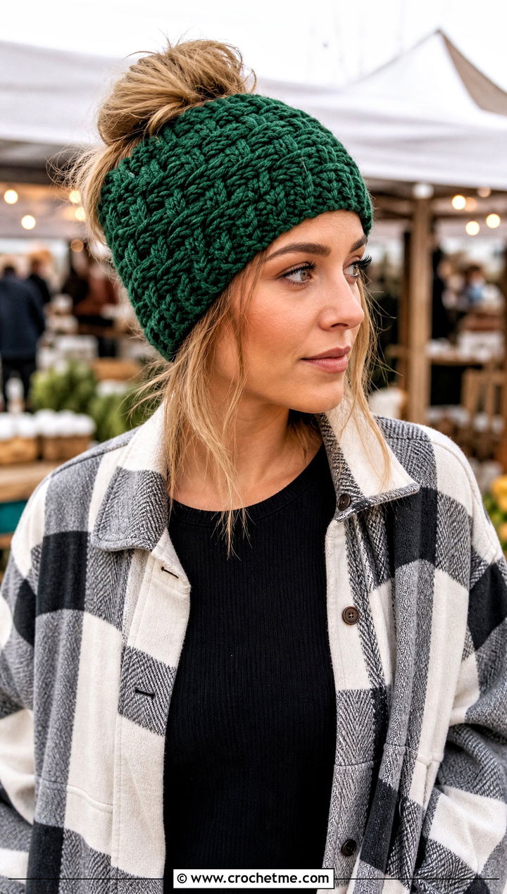 Basketweave Crochet Bun Hat With Plaid Shacket - 15 Crochet Bun Hats outfit ideas