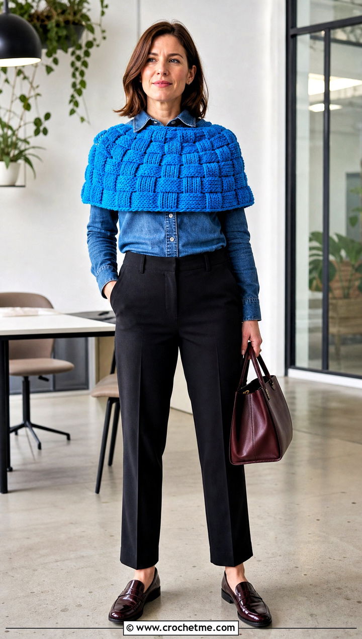Basketweave Crochet Capelet Shawl With Denim Shirt - 30 crochet caplet shawl outfit ideas