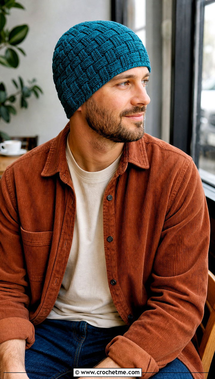 Basketweave Crochet Chemo Cap With Corduroy Overshirt - 25 Crochet Chemo Caps For Men outfit ideas