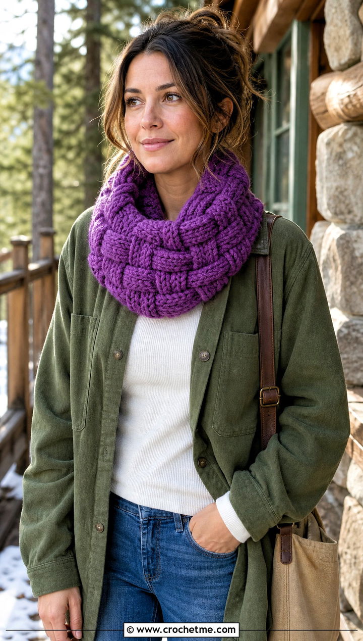 Basketweave Crochet Chunky Cowl With Shacket - 30 crochet chunky cowl outfit ideas