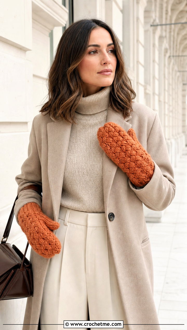 Basketweave Crochet Chunky Mittens With Monochrome Outfit - 30 crochet chunky mittens outfit ideas