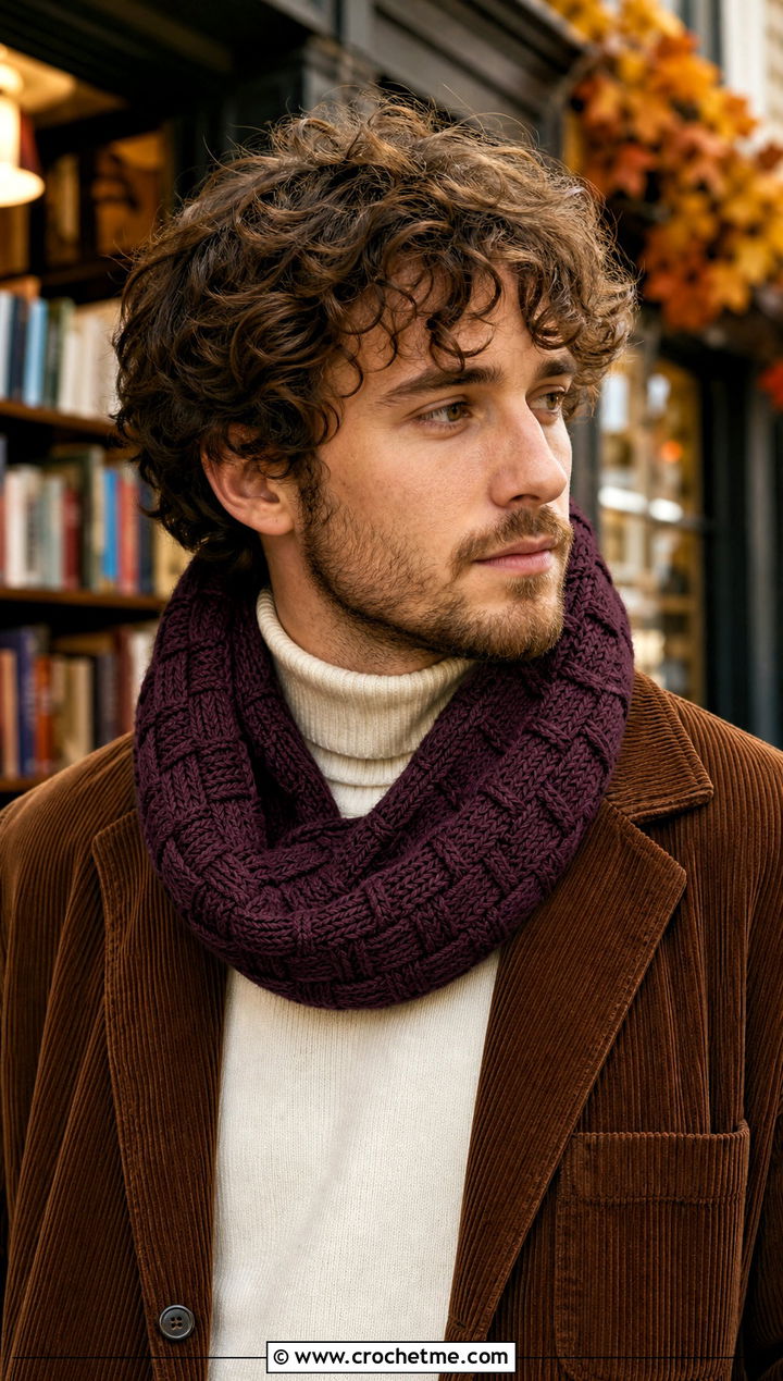 Basketweave Crochet Cowl With Corduroy Jacket - 30 crochet cowl for men outfit ideas
