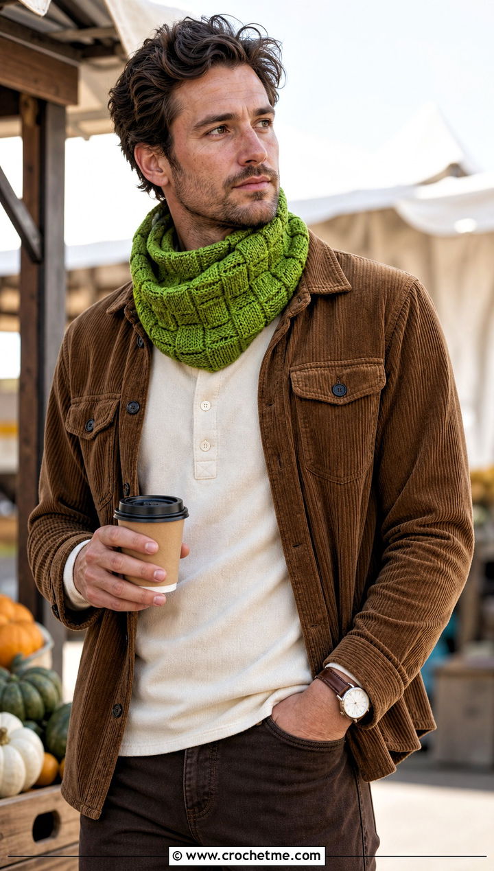 Basketweave Crochet Cowl With Corduroy Overshirt - 25 Men Crochet Cowl outfit ideas