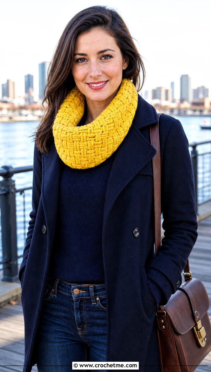 Basketweave Crochet Cowl With Peacoat And Straight Jeans - 35 crochet neck warmer cowls outfit ideas