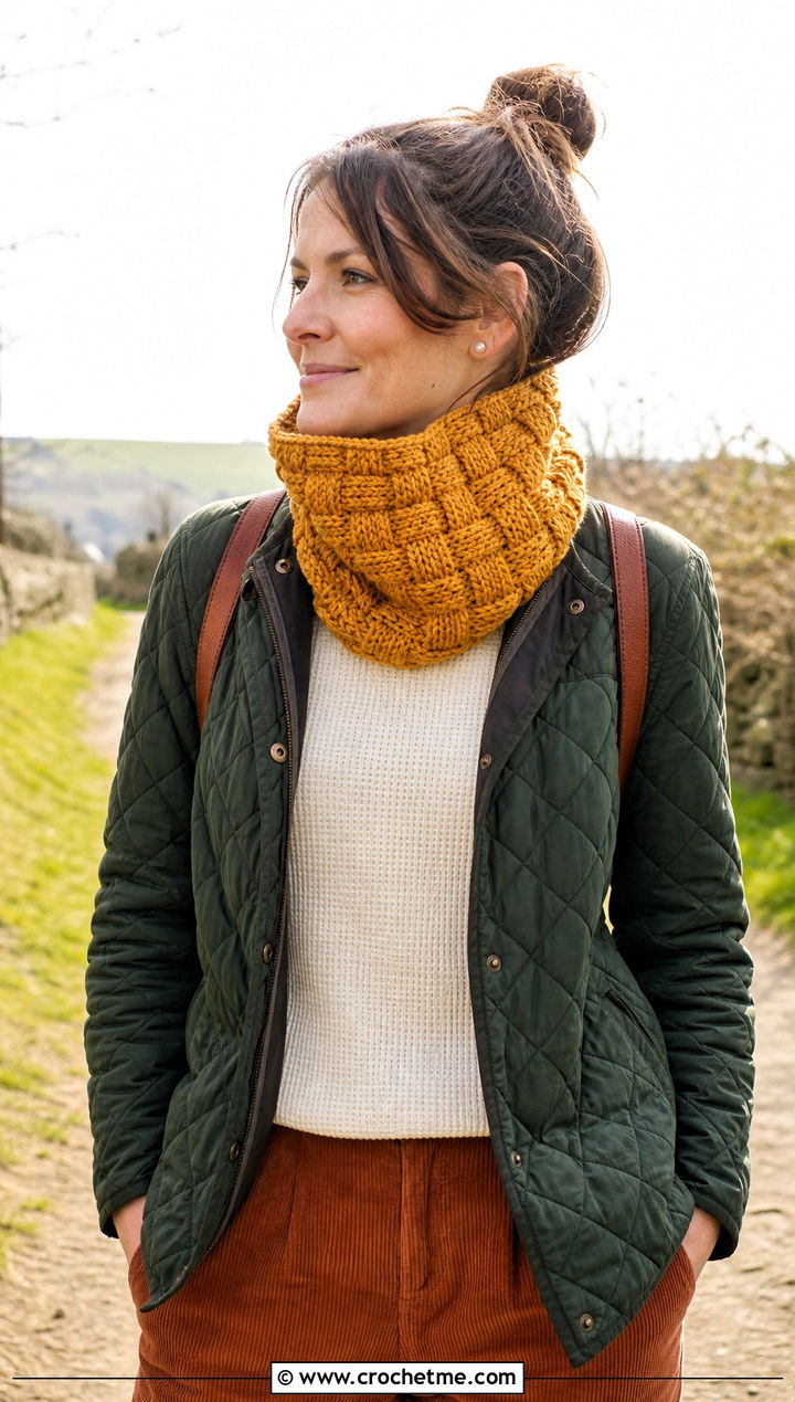 Basketweave Crochet Cowl With Quilted Jacket - 20 Simple Crochet Cowl outfit ideas
