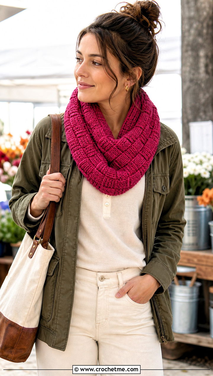 Basketweave Crochet Cowl With Utility Jacket - 25 cowl crochet scarf outfit ideas