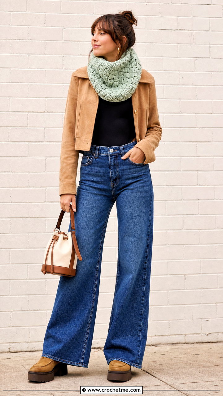 Basketweave Crochet Cowl With Wide Leg Jeans - 35 crochet cowl outfit ideas