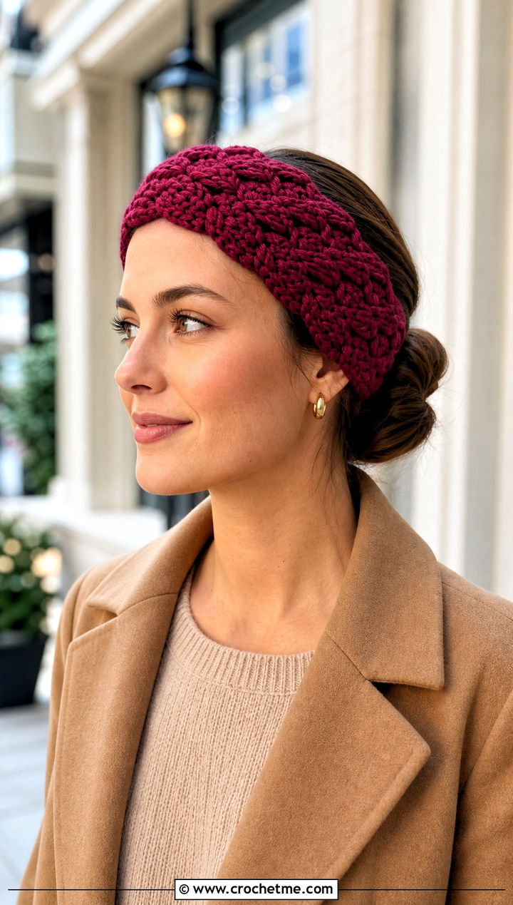 Basketweave Crochet Ear Headband With Camel Coat And Knit Set - 30 crochet ear headband outfit ideas