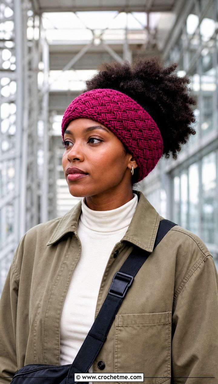 Basketweave Crochet Ear Warmer With Overshirt And Cargo Pants - 25 Diy Crochet Headband Ear Warmers outfit ideas
