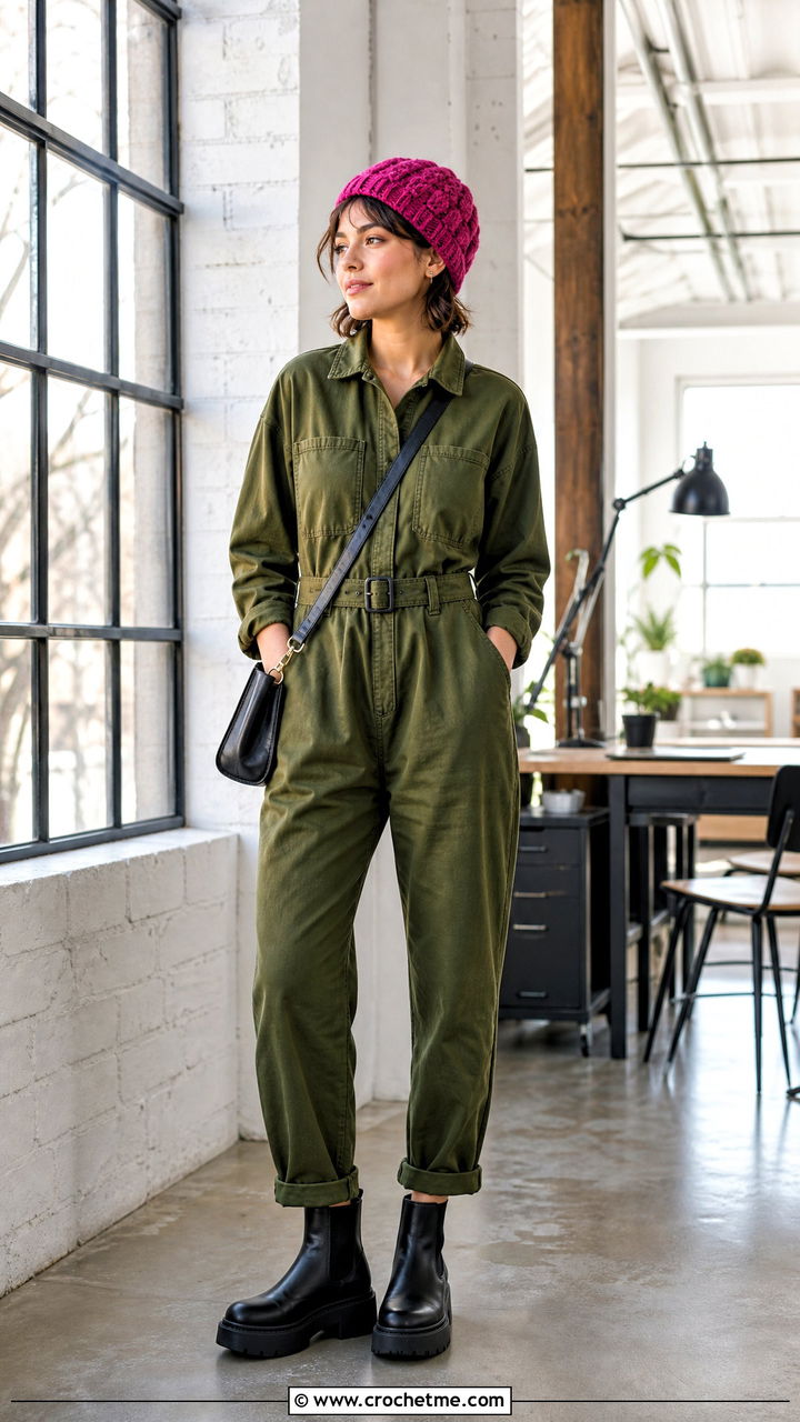 Basketweave Crochet Fisherman Beanie With Utility Jumpsuit - 35 crochet fisherman beanie outfit ideas