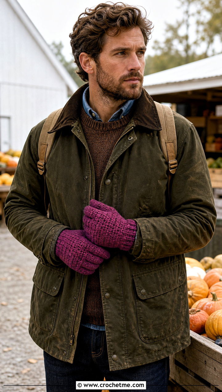 Basketweave Crochet Gloves With Barn Jacket - 25 Crochet Mens Gloves outfit ideas