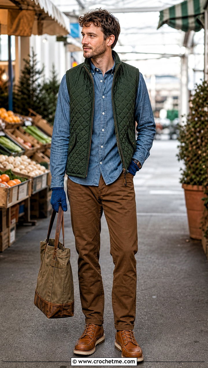 Basketweave Crochet Gloves With Quilted Vest - 35 men crochet gloves outfit ideas