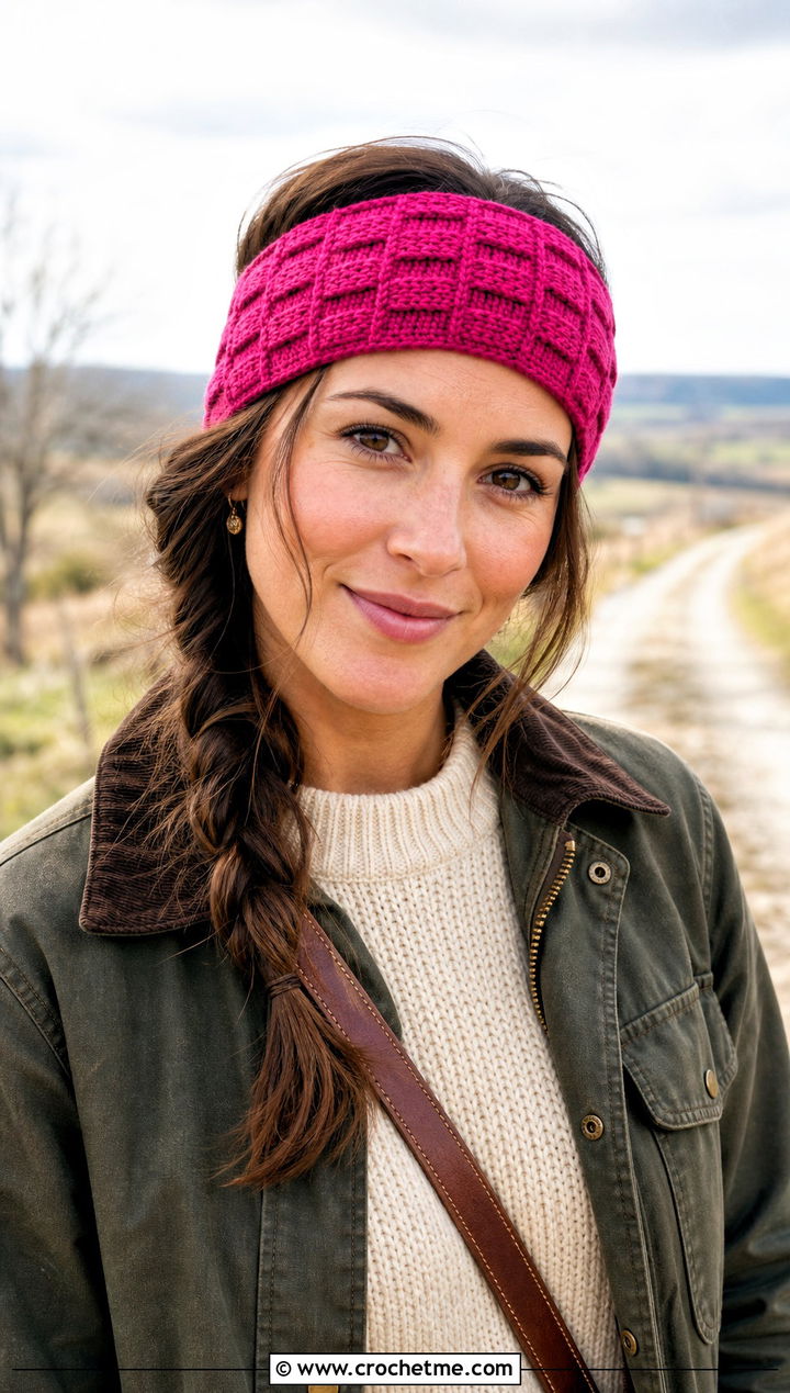 Basketweave Crochet Headband With Barn Jacket - 25 Easy Crochet Winter Headband outfit ideas