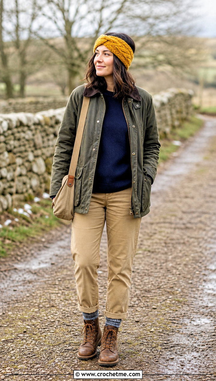 Basketweave Crochet Headband With Barn Jacket And Chinos - 35 winter crochet headband outfit ideas