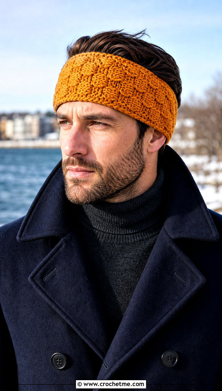 Basketweave Crochet Headband With Peacoat - 25 men's crochet headband outfit ideas