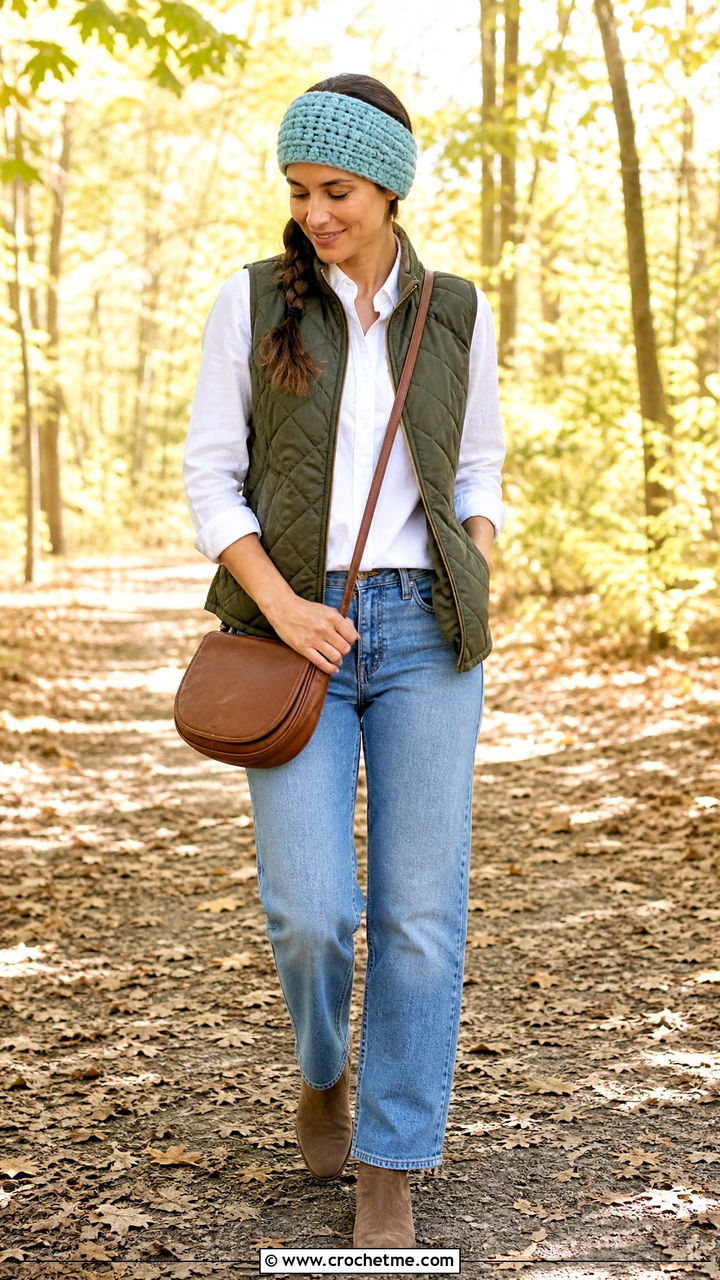 Basketweave Crochet Headband With Quilted Vest - 35 crochet headbands outfit ideas